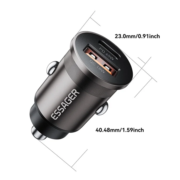 ESSAGER ES-CC15 Car Charger 45W Dual Port USB-A + Type-C Fast Charging Socket Cigarette Lighter - Black