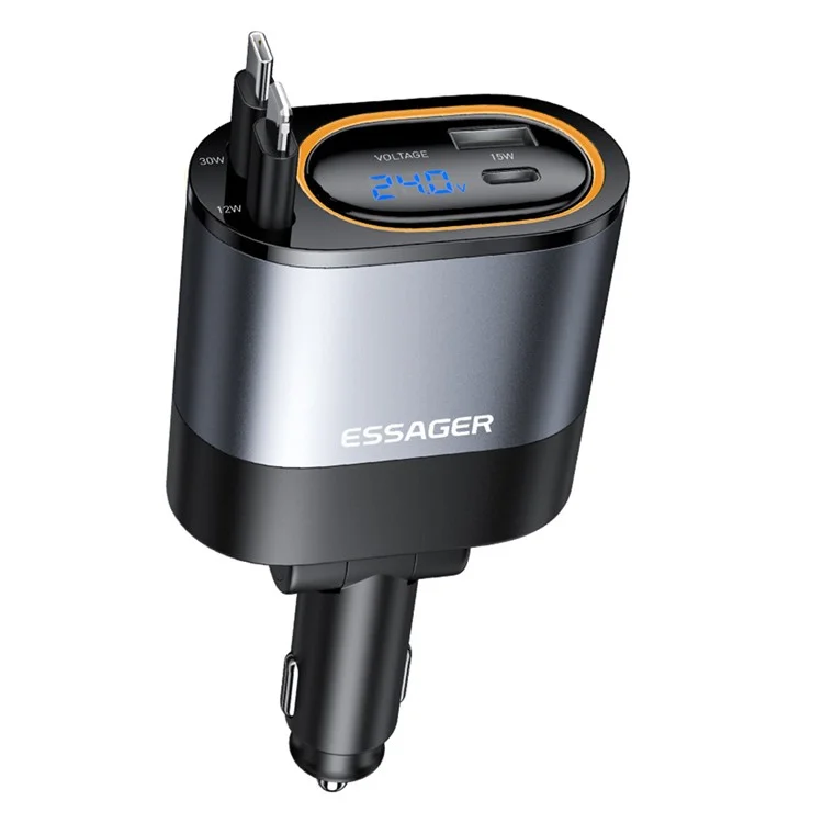 ESSAGER Voltage Display 45W Fast Charging Car Charger with Type C + iP Retractable Cables