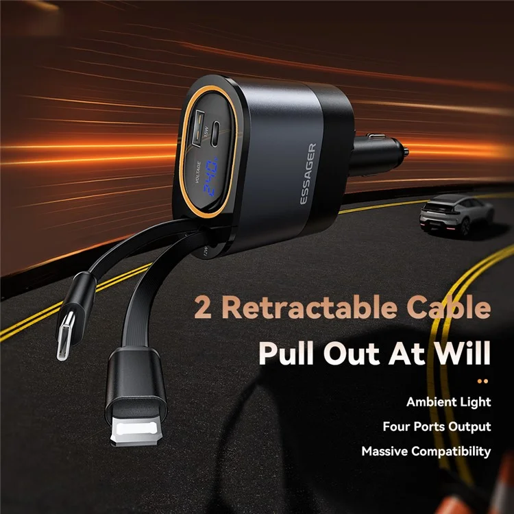 ESSAGER Voltage Display 45W Fast Charging Car Charger with Type C + iP Retractable Cables