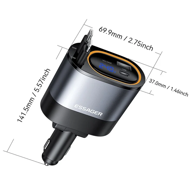 ESSAGER Voltage Display 45W Fast Charging Car Charger with Type C + iP Retractable Cables