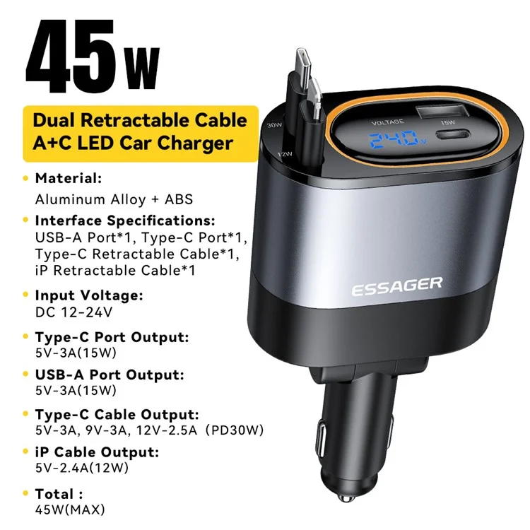 ESSAGER Voltage Display 45W Fast Charging Car Charger with Type C + iP Retractable Cables