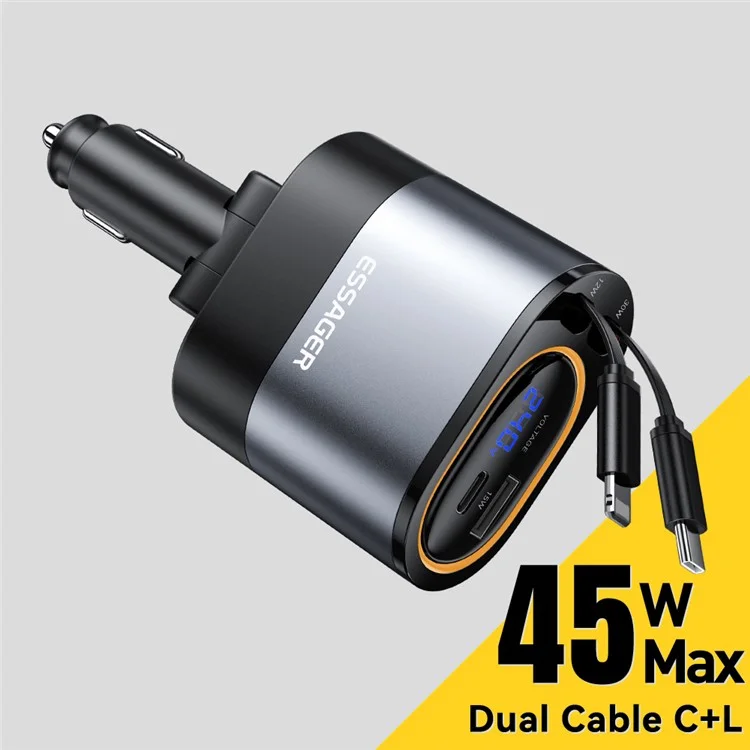 ESSAGER Voltage Display 45W Fast Charging Car Charger with Type C + iP Retractable Cables