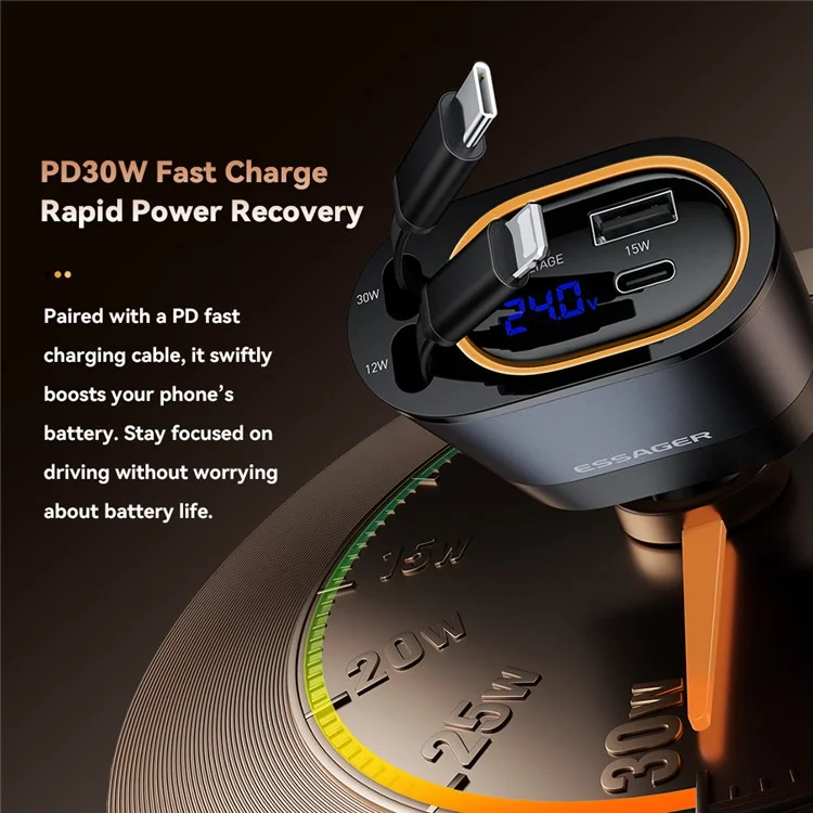 ESSAGER Voltage Display 45W Fast Charging Car Charger with Type C + iP Retractable Cables