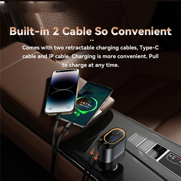 ESSAGER Voltage Display 45W Fast Charging Car Charger with Type C + iP Retractable Cables