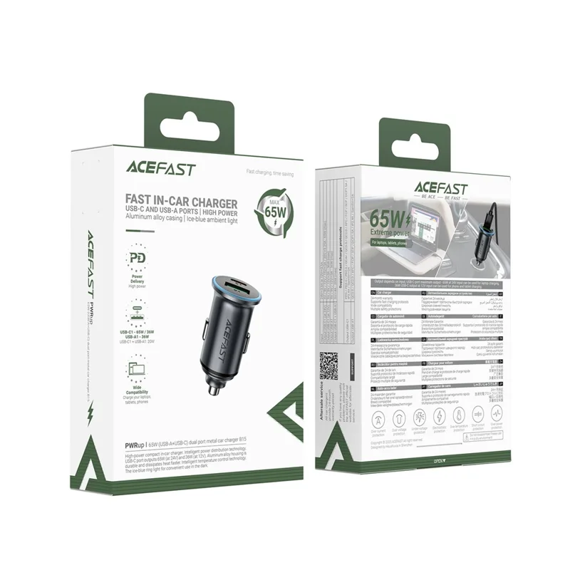 ACEFAST B15 65W Metall-Autoladegerät Dual-Port USB-A + USB-C Schnellladung Kfz-Ladegerät Zigarettenanzünder