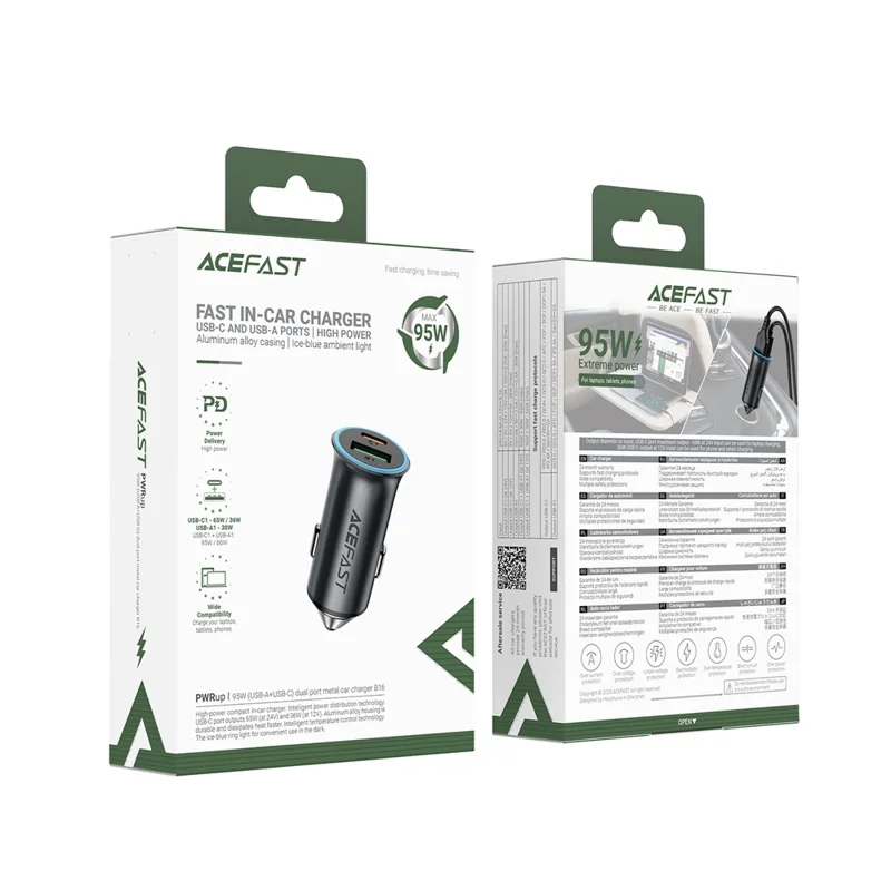Cargador de coche ACEFAST B16 de 95W con puerto dual USB-A + USB-C, adaptador de carga rápida para mechero