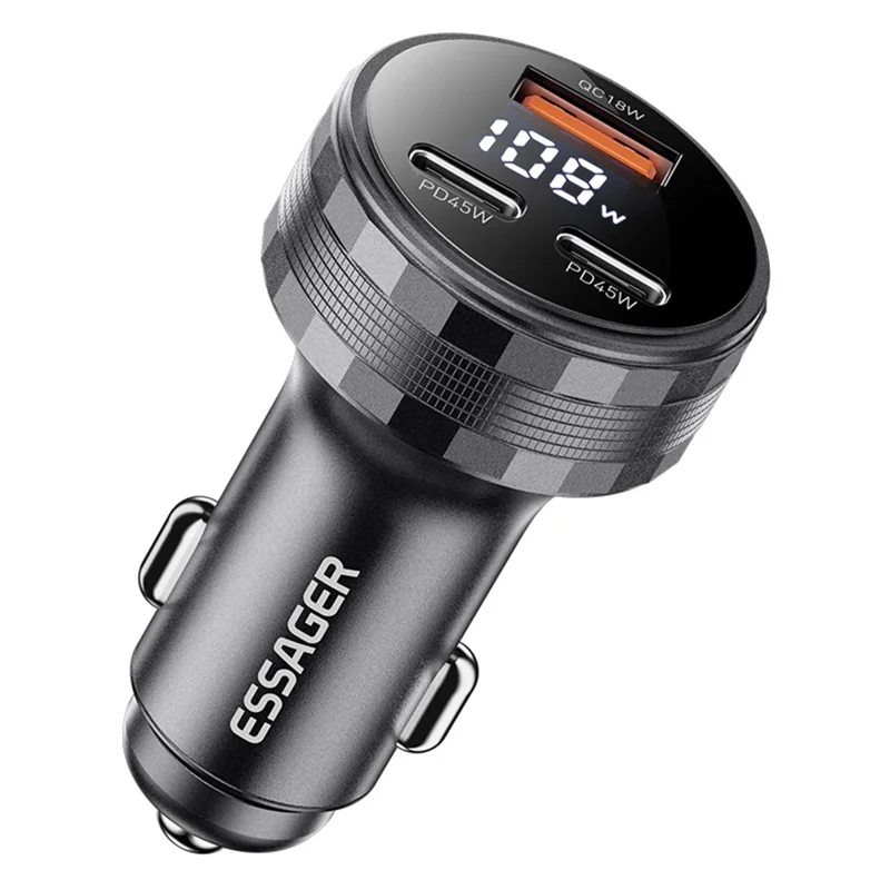 ESSAGER 108W Car Charger USB-A + USB-C Aluminum Alloy Fast Charging Lighter Charger for Vehicle - Grey