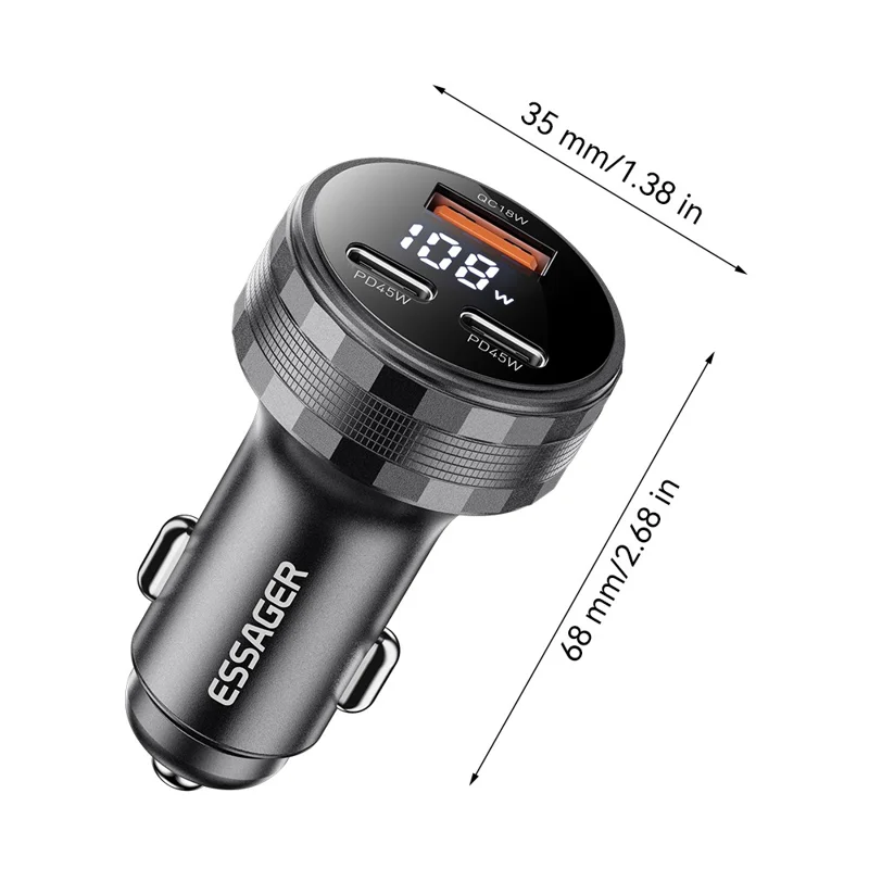 ESSAGER 108W Car Charger USB-A + USB-C Aluminum Alloy Fast Charging Lighter Charger for Vehicle - Grey