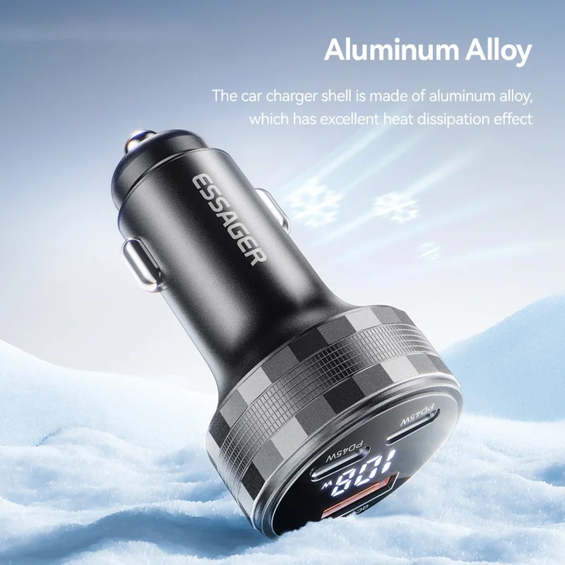 ESSAGER 108W Car Charger USB-A + USB-C Aluminum Alloy Fast Charging Lighter Charger for Vehicle - Grey