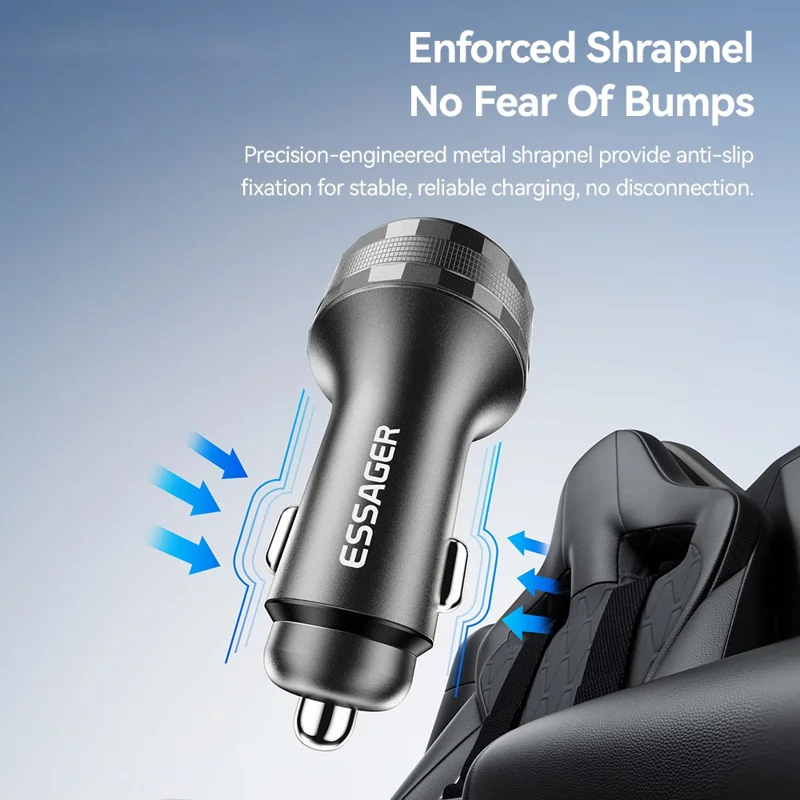 ESSAGER 108W Car Charger USB-A + USB-C Aluminum Alloy Fast Charging Lighter Charger for Vehicle - Grey
