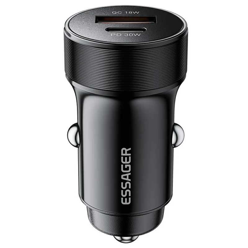 ESSAGER PD 30W Aluminum Alloy Car Charger Dual Port USB-A + Type-C Fast Charging Power Adapter with Smart Chip - Black