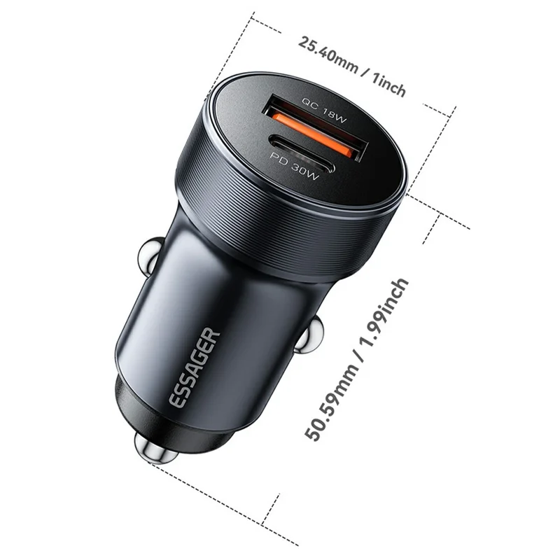 ESSAGER PD 30W Aluminum Alloy Car Charger Dual Port USB-A + Type-C Fast Charging Power Adapter with Smart Chip - Black