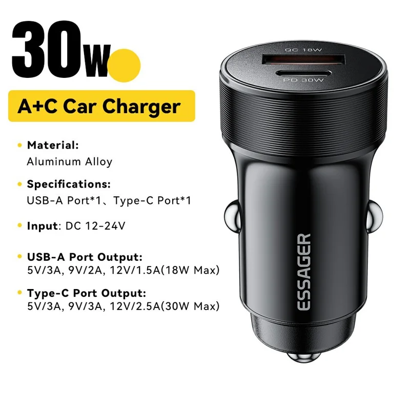 ESSAGER PD 30W Aluminum Alloy Car Charger Dual Port USB-A + Type-C Fast Charging Power Adapter with Smart Chip - Black