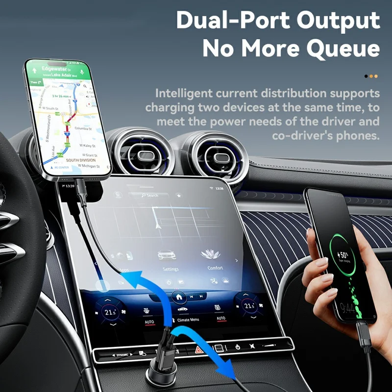 ESSAGER PD 30W Aluminum Alloy Car Charger Dual Port USB-A + Type-C Fast Charging Power Adapter with Smart Chip - Black