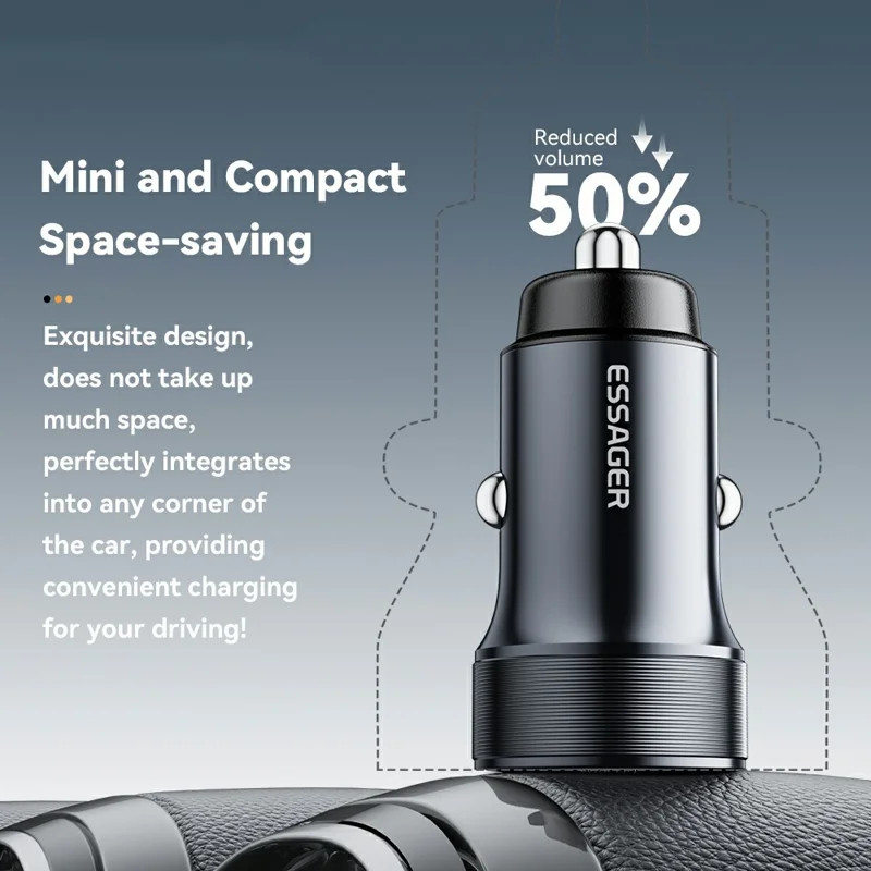 ESSAGER PD 30W Aluminum Alloy Car Charger Dual Port USB-A + Type-C Fast Charging Power Adapter with Smart Chip - Black