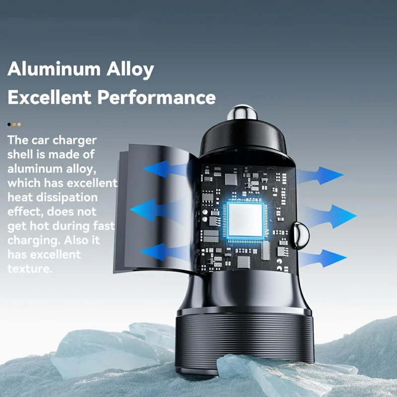 ESSAGER PD 30W Aluminum Alloy Car Charger Dual Port USB-A + Type-C Fast Charging Power Adapter with Smart Chip - Black