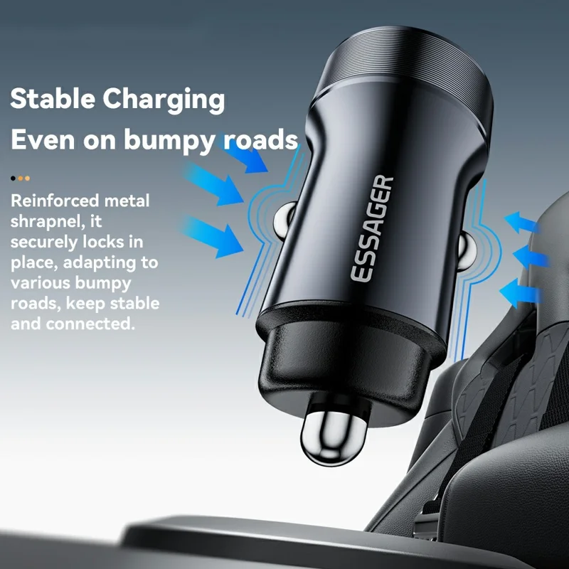 ESSAGER PD 30W Aluminum Alloy Car Charger Dual Port USB-A + Type-C Fast Charging Power Adapter with Smart Chip - Black