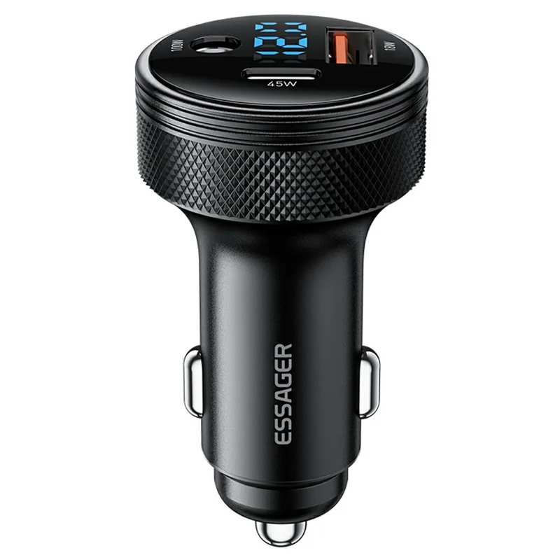 ESSAGER 150W Aluminum Alloy Digital Display Car Charger with DC + USB A + Type-C Port Fast Charging Adapter for Car  - Black