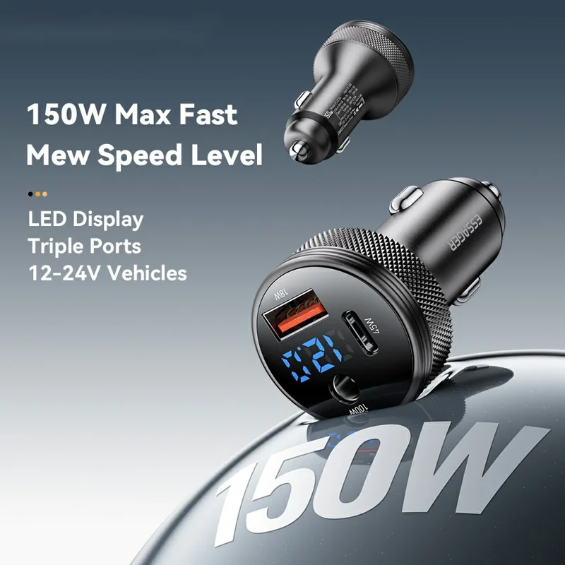 ESSAGER 150W Aluminum Alloy Digital Display Car Charger with DC + USB A + Type-C Port Fast Charging Adapter for Car  - Black