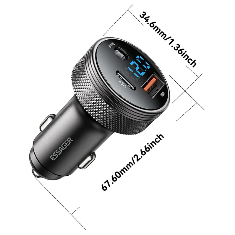 ESSAGER 150W Aluminum Alloy Digital Display Car Charger with DC + USB A + Type-C Port Fast Charging Adapter for Car  - Black