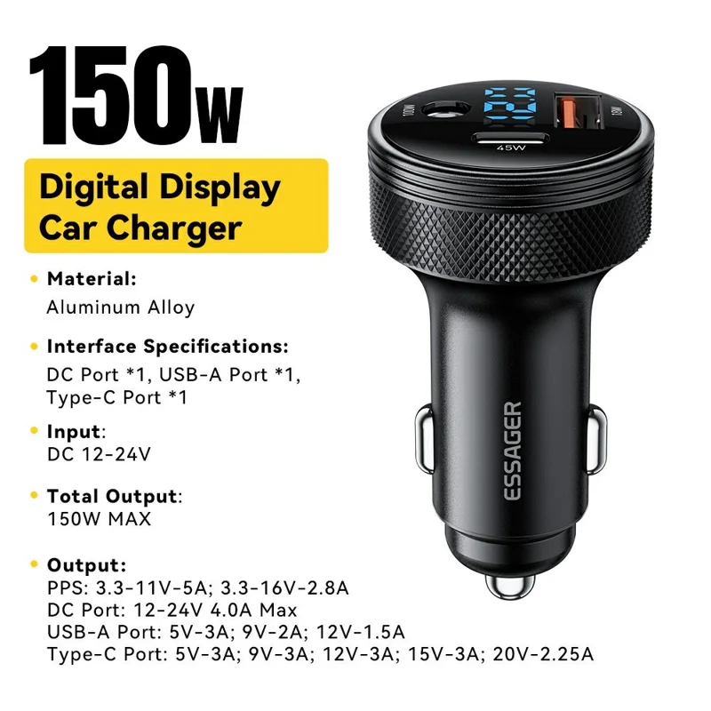 ESSAGER 150W Aluminum Alloy Digital Display Car Charger with DC + USB A + Type-C Port Fast Charging Adapter for Car  - Black