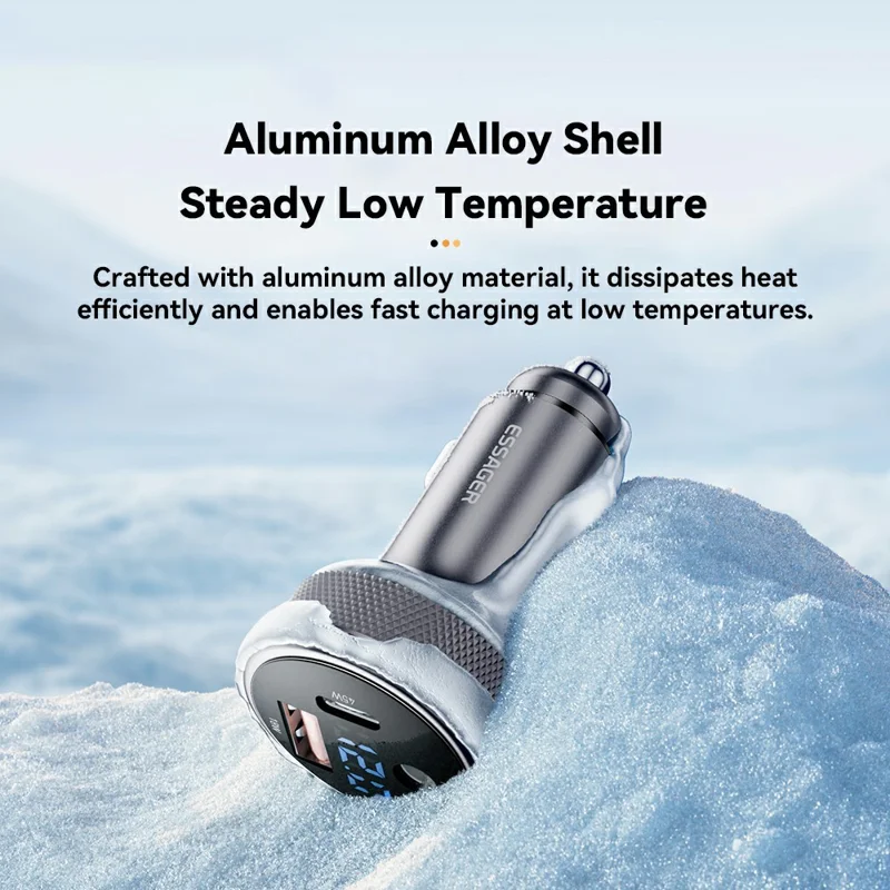 ESSAGER 150W Aluminum Alloy Digital Display Car Charger with DC + USB A + Type-C Port Fast Charging Adapter for Car  - Black