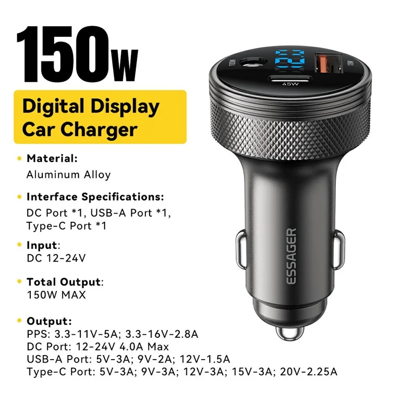ESSAGER 150W Aluminum Alloy Digital Display Car Charger with DC + USB A + Type-C Port Fast Charging Adapter for Car  - Grey