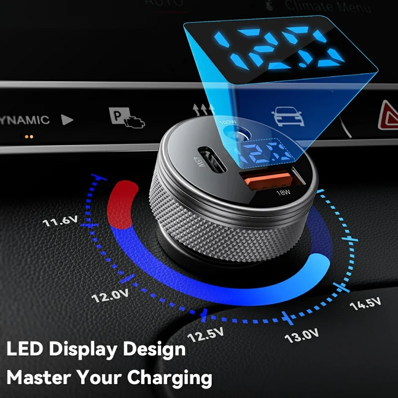 ESSAGER 150W Aluminum Alloy Digital Display Car Charger with DC + USB A + Type-C Port Fast Charging Adapter for Car  - Grey