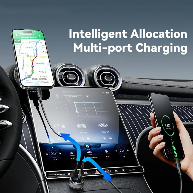 ESSAGER 150W Aluminum Alloy Digital Display Car Charger with DC + USB A + Type-C Port Fast Charging Adapter for Car  - Grey