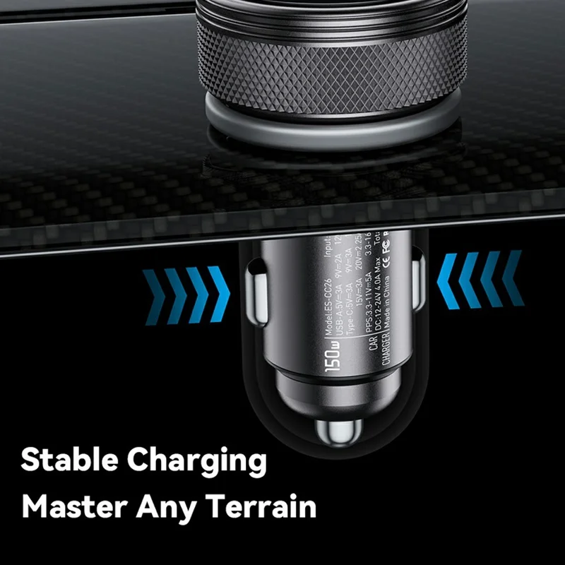 ESSAGER 150W Aluminum Alloy Digital Display Car Charger with DC + USB A + Type-C Port Fast Charging Adapter for Car  - Grey