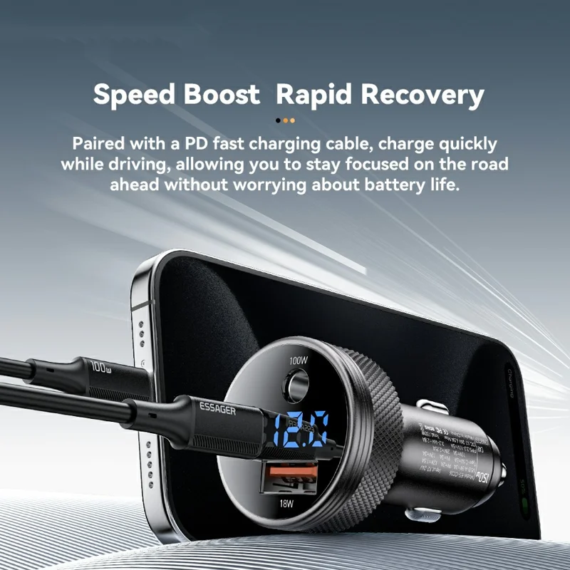 ESSAGER 150W Aluminum Alloy Digital Display Car Charger with DC + USB A + Type-C Port Fast Charging Adapter for Car  - Grey