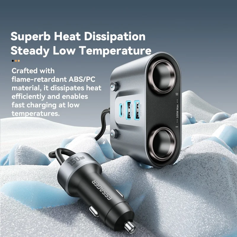 ESSAGER 150W High Power Car Cigarette Lighter Splitter Charger 2 USB C + 3 USB A Fast Charging Adapter