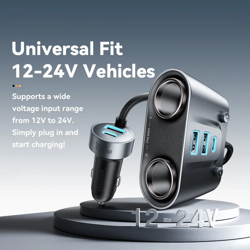 ESSAGER 150W High Power Car Cigarette Lighter Splitter Charger 2 USB C + 3 USB A Fast Charging Adapter