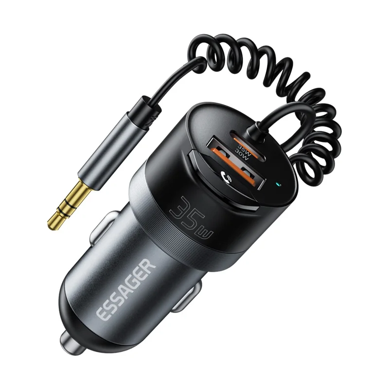 ESSAGER Car Charger Bluetooth-Compatiable 5.3 PD 35W USB-A + Type-C Wired to Wireless Car Audio with AUX Plug - Grey