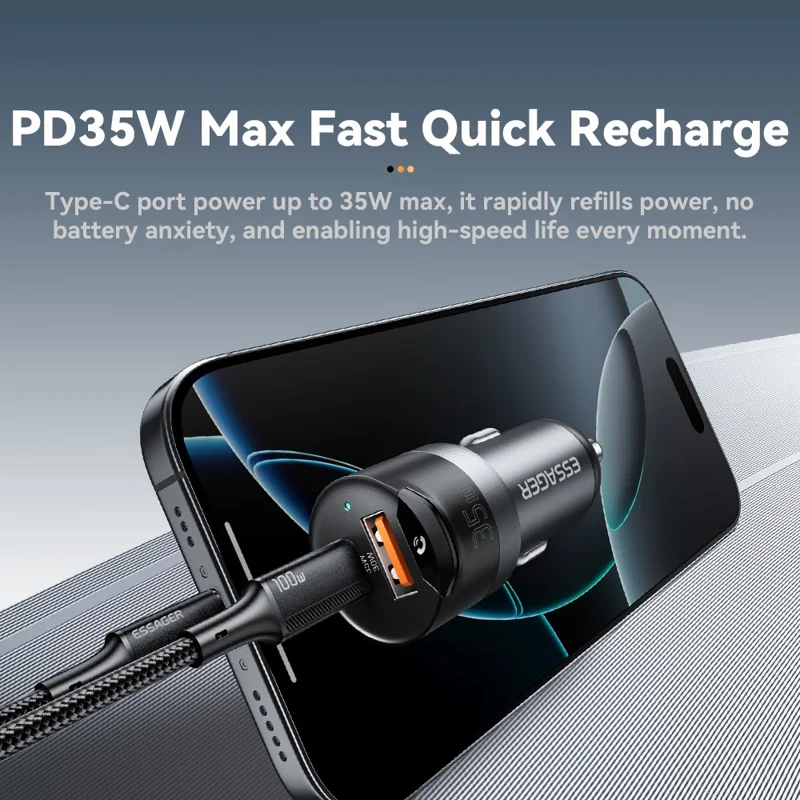 ESSAGER Car Charger Bluetooth-Compatiable 5.3 PD 35W USB-A + Type-C Wired to Wireless Car Audio with AUX Plug - Grey