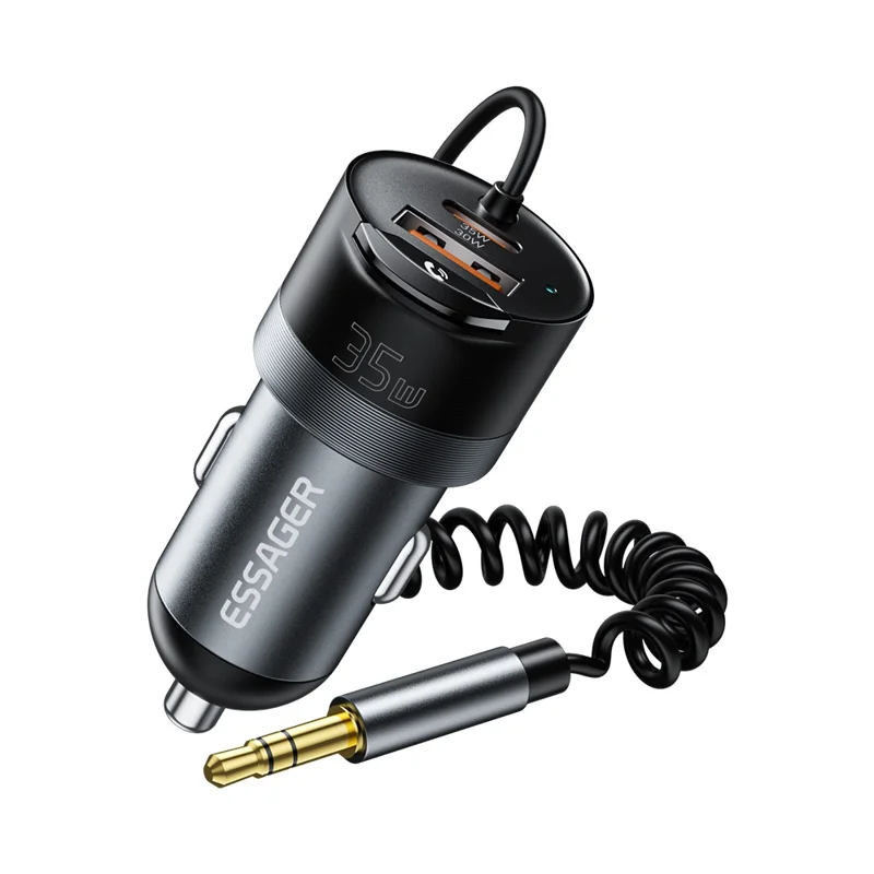 ESSAGER Car Charger Bluetooth-Compatiable 5.3 PD 35W USB-A + Type-C Wired to Wireless Car Audio with AUX Plug - Grey