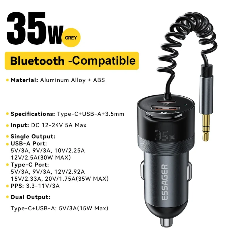 ESSAGER Car Charger Bluetooth-Compatiable 5.3 PD 35W USB-A + Type-C Wired to Wireless Car Audio with AUX Plug - Grey