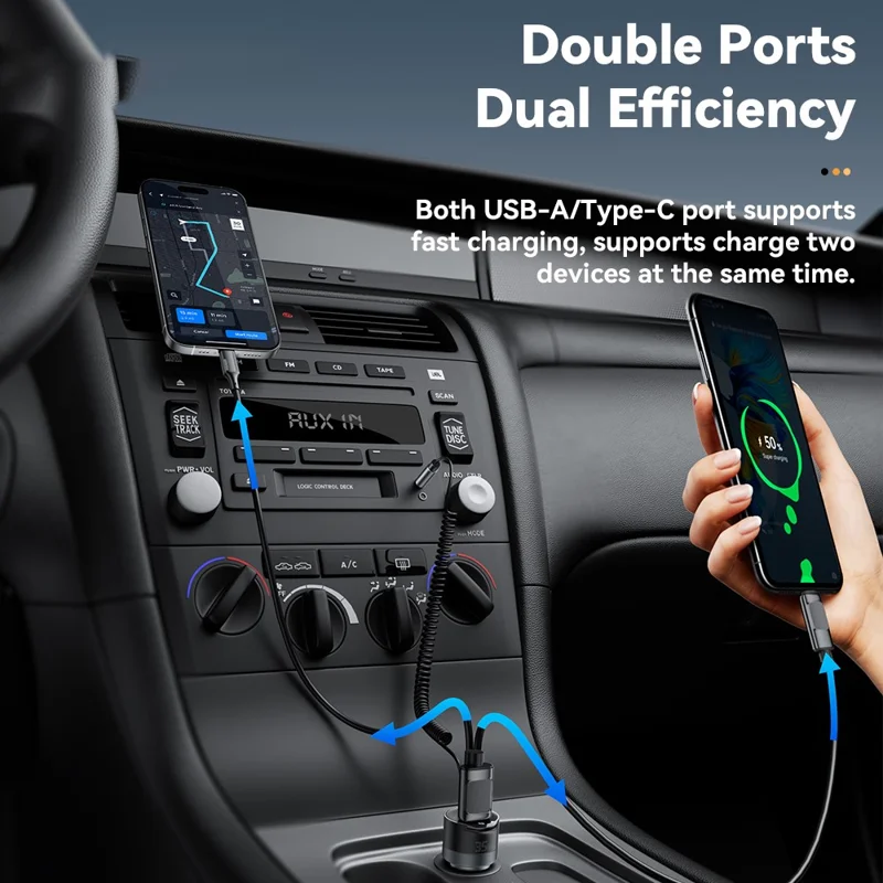 ESSAGER Car Charger Bluetooth-Compatiable 5.3 PD 35W USB-A + Type-C Wired to Wireless Car Audio with AUX Plug - Grey