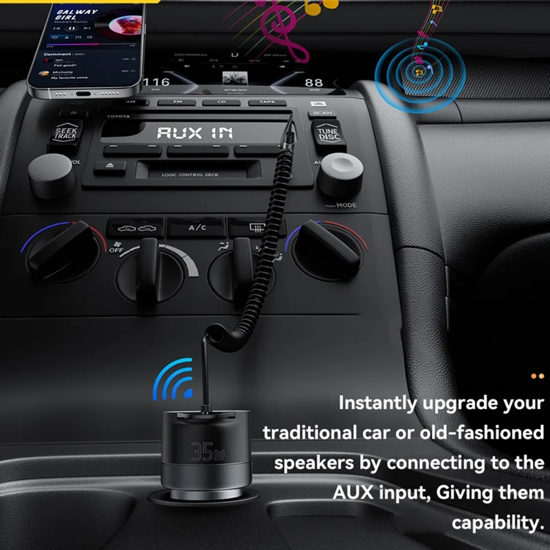 ESSAGER Car Charger Bluetooth-Compatiable 5.3 PD 35W USB-A + Type-C Wired to Wireless Car Audio with AUX Plug - Grey
