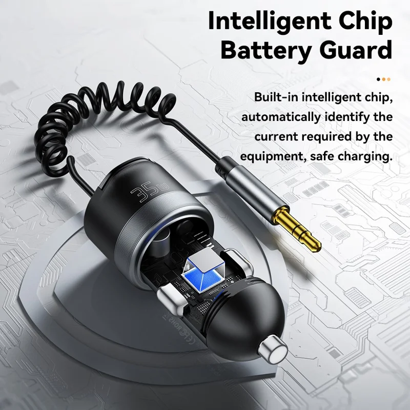 ESSAGER Car Charger Bluetooth-Compatiable 5.3 PD 35W USB-A + Type-C Wired to Wireless Car Audio with AUX Plug - Grey