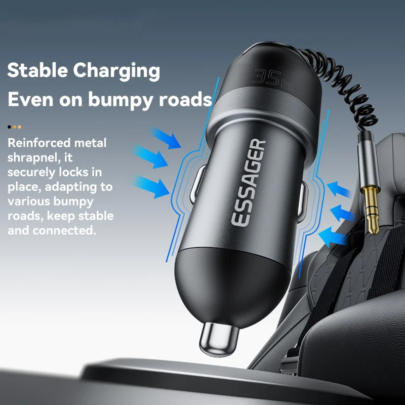 ESSAGER Car Charger Bluetooth-Compatiable 5.3 PD 35W USB-A + Type-C Wired to Wireless Car Audio with AUX Plug - Grey