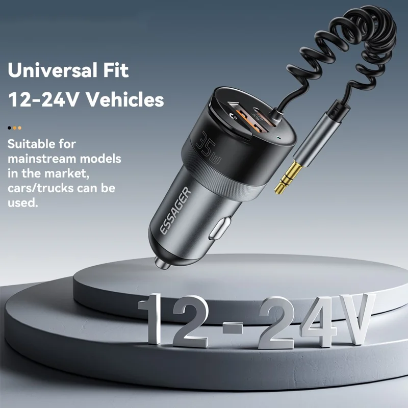 ESSAGER Car Charger Bluetooth-Compatiable 5.3 PD 35W USB-A + Type-C Wired to Wireless Car Audio with AUX Plug - Grey