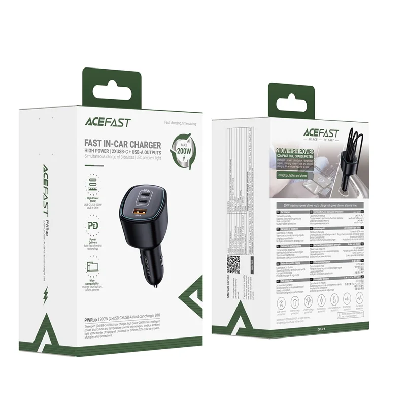 ACEFAST B18 200W Car Charger Dual USB-C + USB-A Fast Charging Cigarette Lighter Adapter