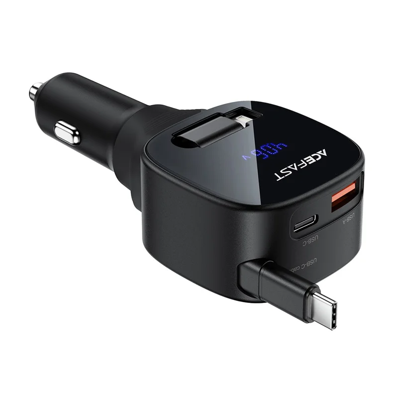 ACEFAST B17 95W Chargeur de Voiture USB-C + USB-A Adaptateur de Chargement Rapide avec Affichage LED et Câble Rétractable