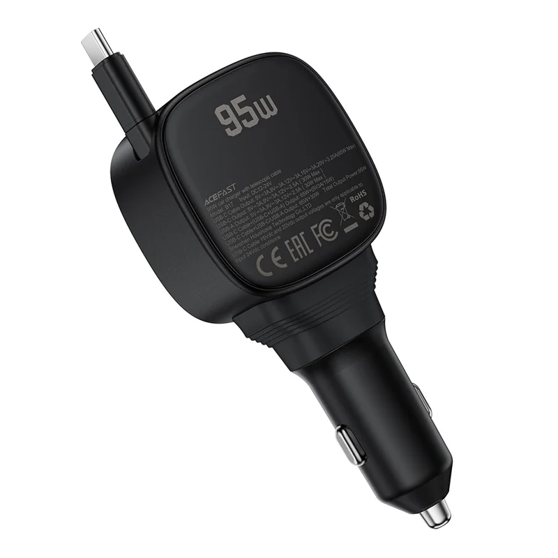 ACEFAST B17 95W Chargeur de Voiture USB-C + USB-A Adaptateur de Chargement Rapide avec Affichage LED et Câble Rétractable
