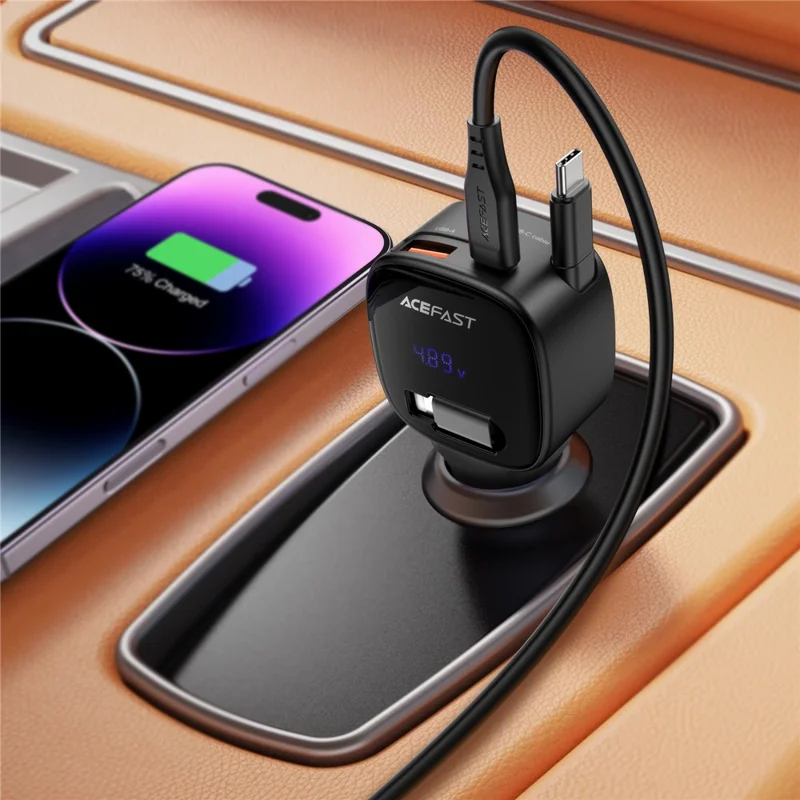 ACEFAST B17 95W Chargeur de Voiture USB-C + USB-A Adaptateur de Chargement Rapide avec Affichage LED et Câble Rétractable