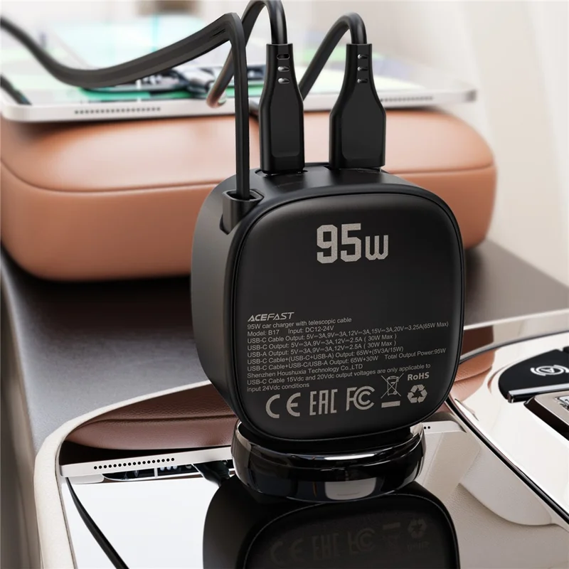 ACEFAST B17 95W Chargeur de Voiture USB-C + USB-A Adaptateur de Chargement Rapide avec Affichage LED et Câble Rétractable