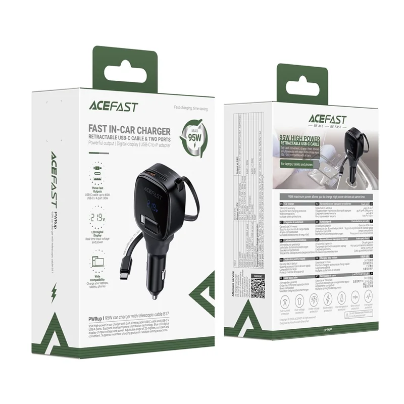 ACEFAST B17 95W Chargeur de Voiture USB-C + USB-A Adaptateur de Chargement Rapide avec Affichage LED et Câble Rétractable