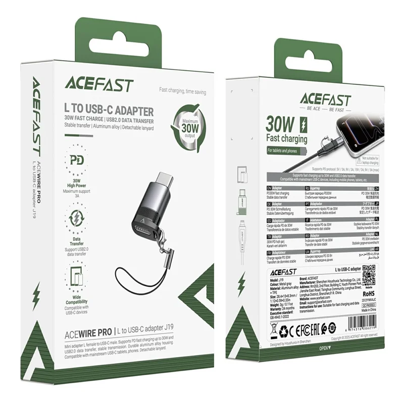 ACEFAST J19 iP to USB-C Adapter 60W Fast Charging  /  Data Transfer  /  Compact Design Converter - Metal Gray