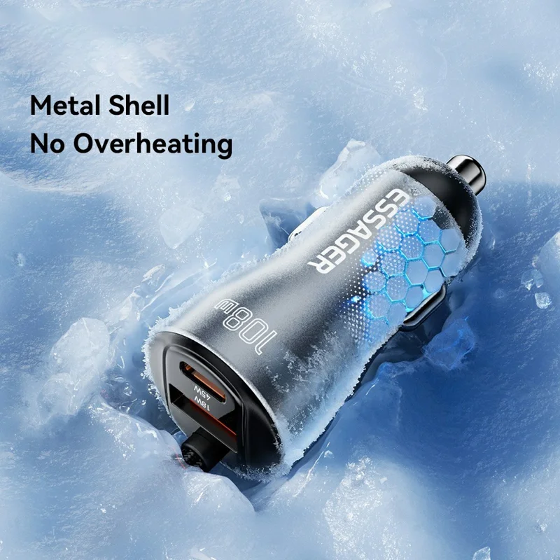 ESSAGER 108W Car Charger Digital Display Spring Cable 2C+A 45W PD Fast Charging Adapter - Black